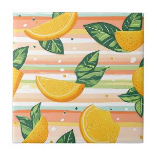 Orange Slice Pattern with Green Leaves on Pastel Ceramic Tile