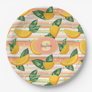 Orange Slice Pattern with Green Leaves on Pastel Paper Plates