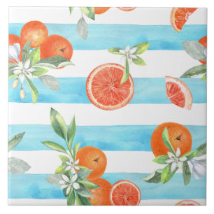 Orange Slices Blue Stripes Ceramic Tile