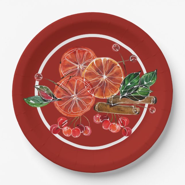 Orange Slices Cinnamon Sticks Berries Autumn Paper Plates (Front)