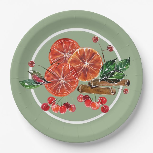 Orange Slices Cinnamon Sticks Berries Autumn Paper Plates (Front)
