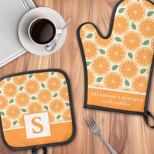 Orange Slices Citrus Cute Summer Monogrammed Oven Mitt &Amp;Amp; Pot Holder Set