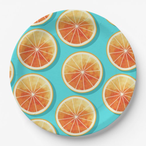 Orange Slices on Blue Paper Plates