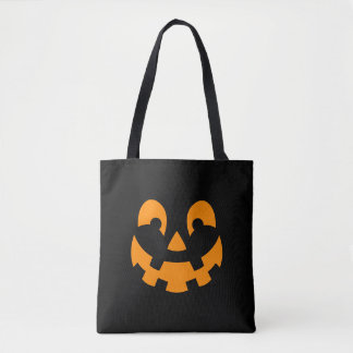 Orange Smiling Halloween Pumpkin Face On Black Tote Bag