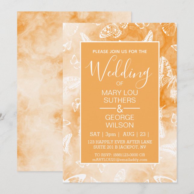 Orange Smokey Marble Butterflies Wedding Invitation (Front/Back)
