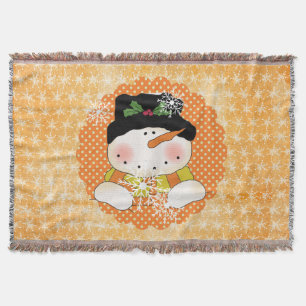 Orange Snowflake Snowman Holiday Throw Blanket