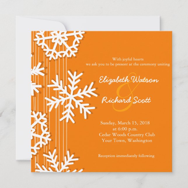 Orange Snowflakes Christmas wedding invitation (Front)