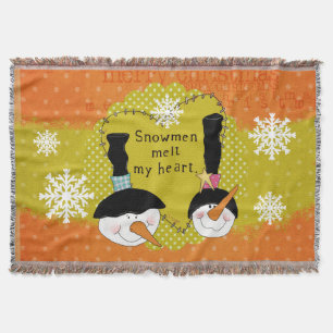 Orange Snowmen Melt My Heart Holiday Throw Throw Blanket