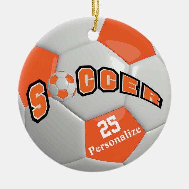 Orange Soccer Ball | Personalize Ceramic Ornament (Front)