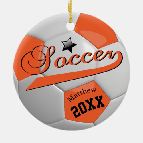 Orange Soccer Ball Star Player with Name and Year Ceramic Ornament