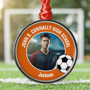 Orange Soccer Player Photo High School Christmas Metal Ornament