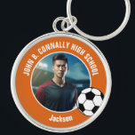 Orange Soccer Player Photo High School Keychain<br><div class="desc">This cool customized high school soccer player photo gift features white typography of your team and player name on an orange keychain with a soccer ball. Personalize with your student's photograph as a proud futbol parent.</div>