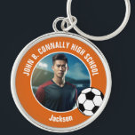 Orange Soccer Player Photo High School Keychain<br><div class="desc">This cool customized high school soccer player photo gift features white typography of your team and player name on an orange keychain with a soccer ball. Personalize with your student's photograph as a proud futbol parent.</div>