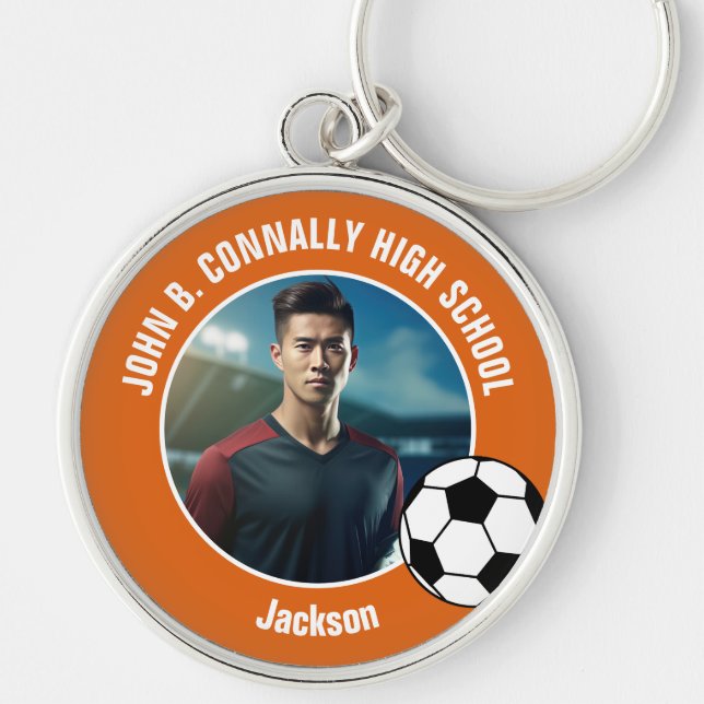Orange Soccer Player Photo High School Keychain (Front)