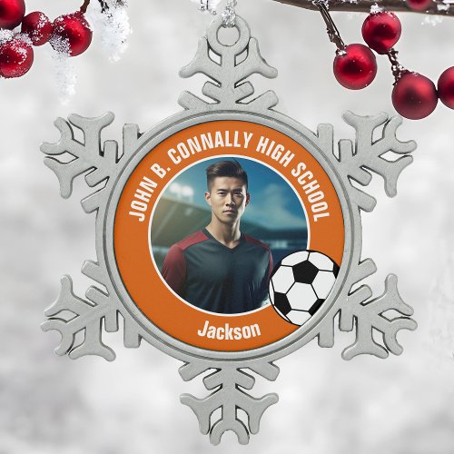 Orange Soccer Player Photo High School Spirit Snowflake Pewter Christmas Ornament