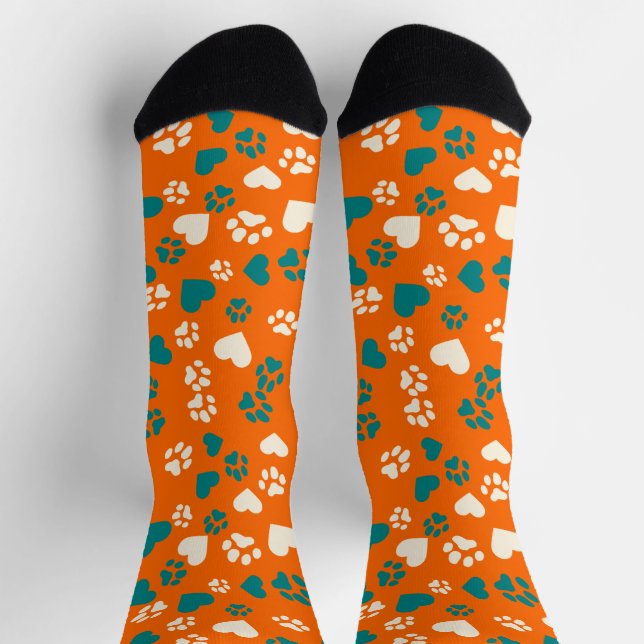  Orange Socks with Teal & Cream Paw Prints  (Top)