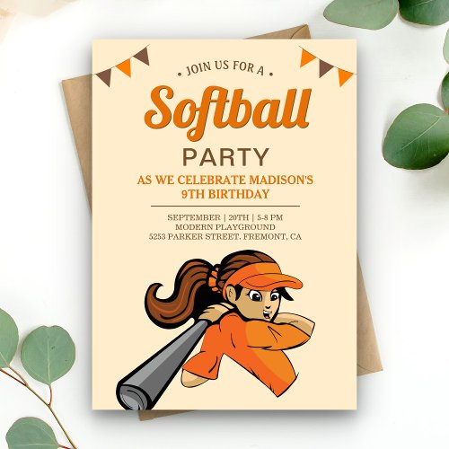 Orange Softball Birthday Party Invitation
