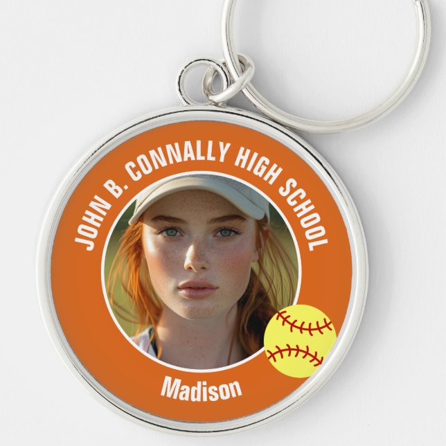 Orange Softball Player Photo High School Keepsake Keychain (Front)