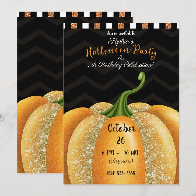 Orange Sparkle Pumpkin Halloween Birthday Party Invitation (Front/Back)