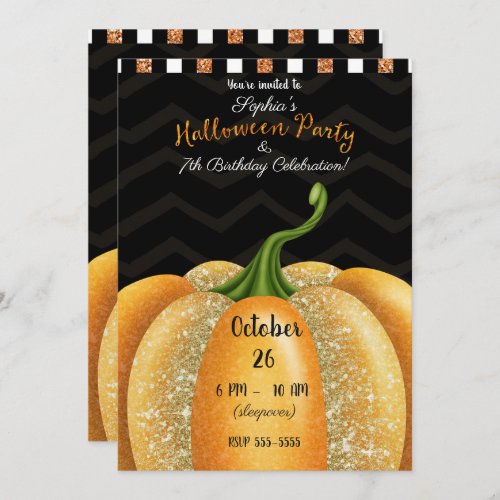 Orange Sparkle Pumpkin Halloween Birthday Party Invitation