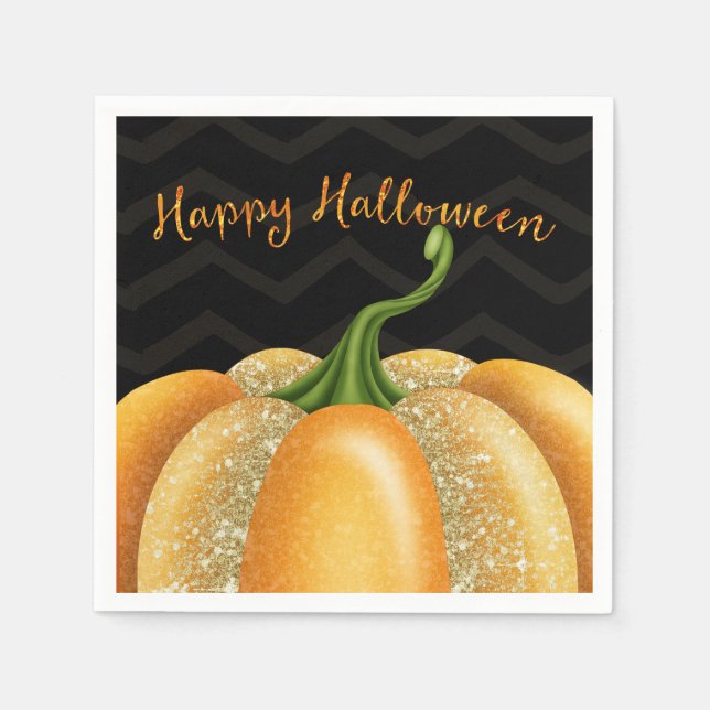 Orange Sparkle Pumpkin Halloween Birthday Party Napkins (Front)