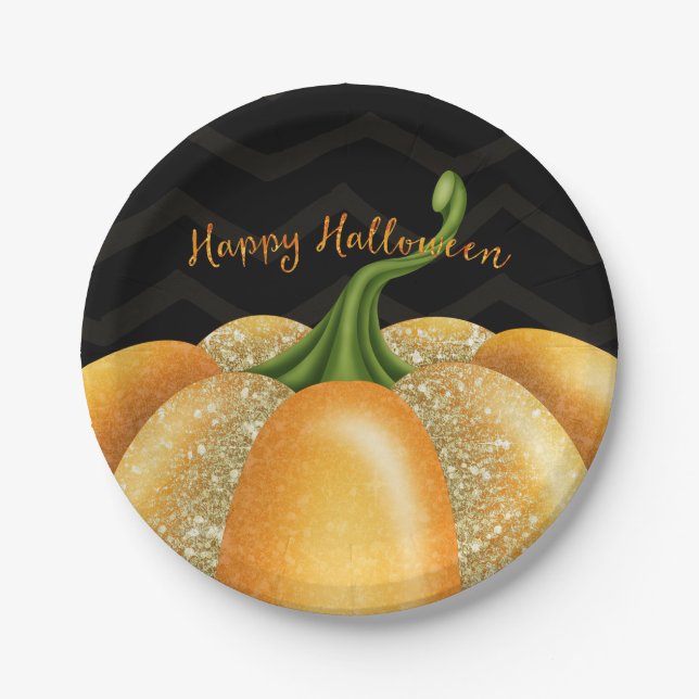 Orange Sparkle Pumpkin Halloween Birthday Party Paper Plates (Front)