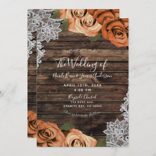 Orange Spice Floral Roses Rustic Wood Lace Wedding Invitation