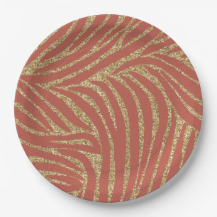 Orange Spice Gold Glitter Zebra Birthday Paper Plates