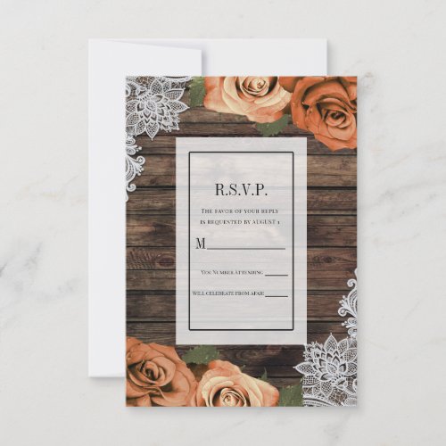 Orange Spice Roses Rustic Wood Lace RSVP Reply Invitation