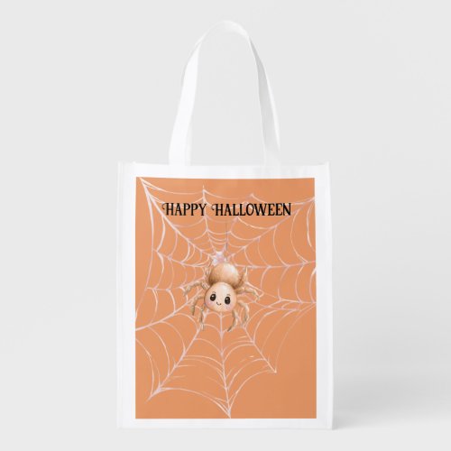 Orange Spider on Web Grocery Bag