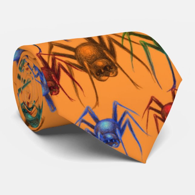 Orange Spider Pattern Spooky Funny Halloween Neck Tie (Rolled)