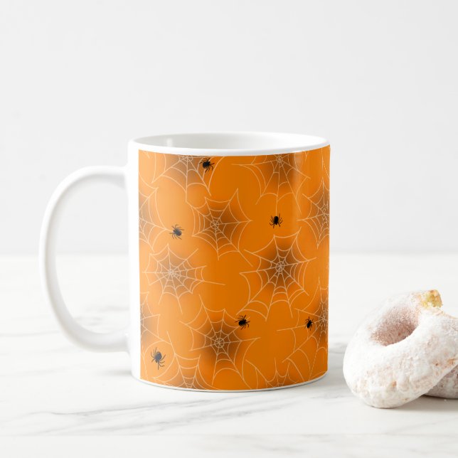Orange Spider Web Halloween Coffee Mug (With Donut)