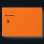 Orange Spiders Halloween Custom Envelope<br><div class="desc">Spiders dropping from single threads of spider web all over an orange envelope with a custom printed return address and creepy "open if you dare" editable wording on the front. The inside features a printed design in black and white with more dangling spiders, and the color on the outside is...</div>