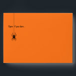 Orange Spiders Halloween Custom Envelope<br><div class="desc">Spiders dropping from single threads of spider web all over an orange envelope with a custom printed return address and creepy "open if you dare" editable wording on the front. The inside features a printed design in black and white with more dangling spiders, and the color on the outside is...</div>