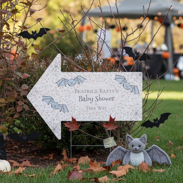 Orange Spooky Cute Baby Shower Welcome Sign (Cute Spooky Baby Bats Halloween Gender Neutral  Baby Shower Orange Directional Arrow Sign for Fall)