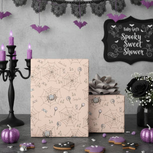 Orange Spooky Cute Baby Spiders, Webs & Candy Wrapping Paper