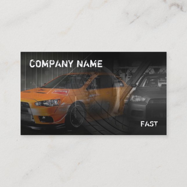 orange sport car in garage business card (Front)