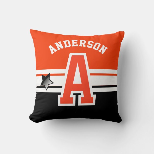Orange Sport Varsity Letter | Monogram Throw Pillow (Front)