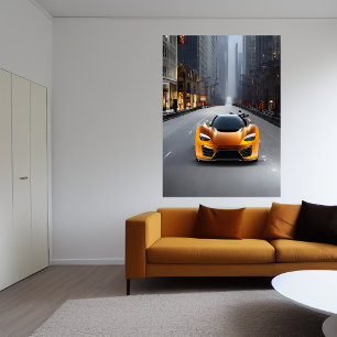 Orange sports car on the road AI Art Poster