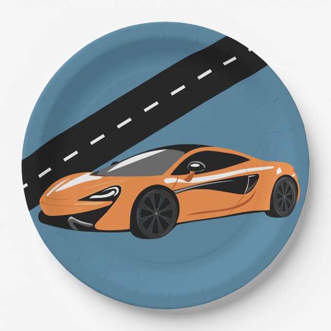 Orange Sports Car Paper Plates (Front)