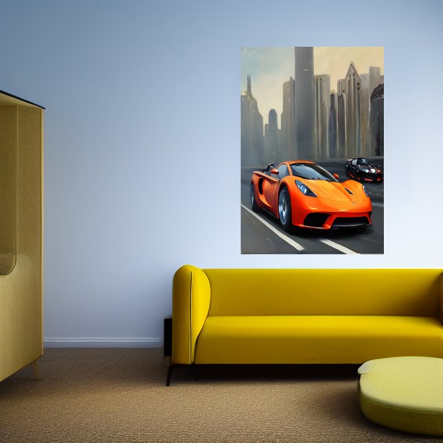 Orange sports cars on the road | AI Art Poster (Creator Uploaded)