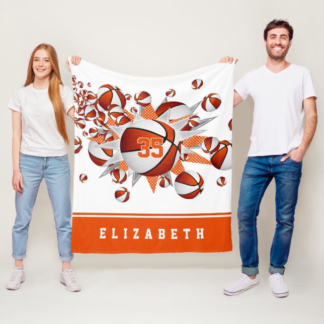 orange sports room decor girls basketballs stars fleece blanket (In Situ)