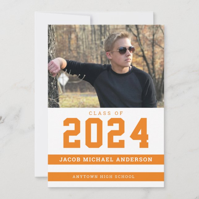 Orange Sporty Stripes Photo Graduation Party Invitation (Front)