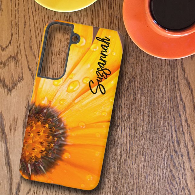 Orange Spring Flash African Daisy Close-Up Photo Samsung Galaxy Case (Personalize or remove the text on this phone case featuring a close-up photo of a daisy. )