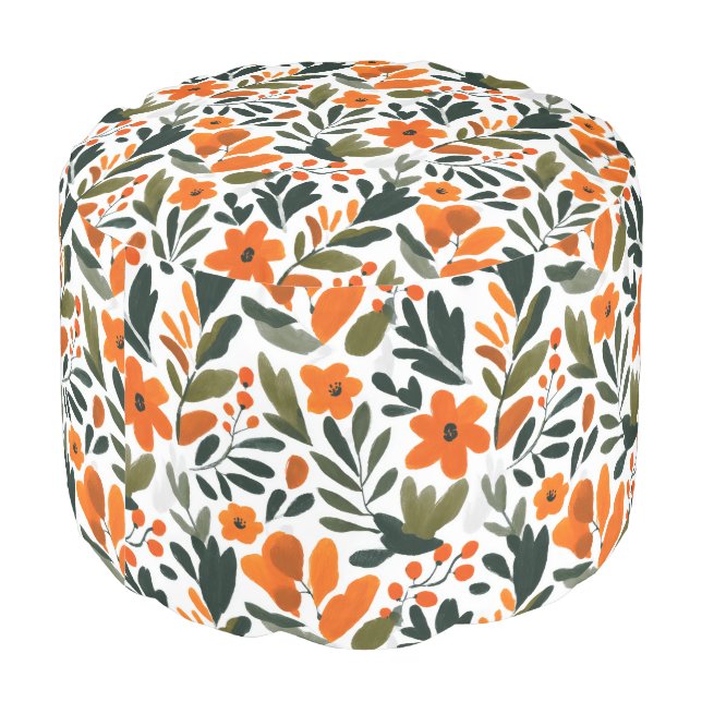 Orange Spring Flowers Elegant Foliage Botanical  Pouf (Angled Back)