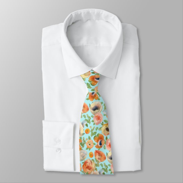 Orange Spring Flowers Neck Tie (Tied)