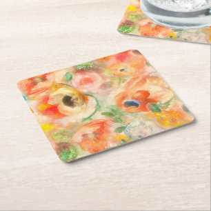 Orange Spring Flowers Square Paper Coaster