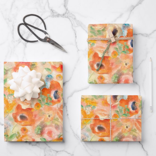 Orange Spring Flowers Wrapping Paper Sheets (Front)