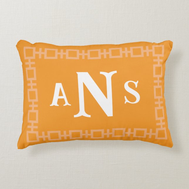 Orange Square Greek Key Monogram Accent Pillow (Front)
