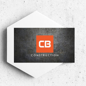 Orange Square Monogram Grunge Metal Construction Business Card